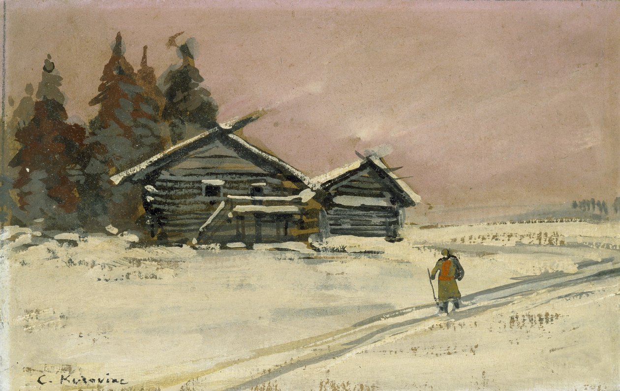 Winterlandschap met twee houten Hutten door Konstantin Alekseevich Korovin