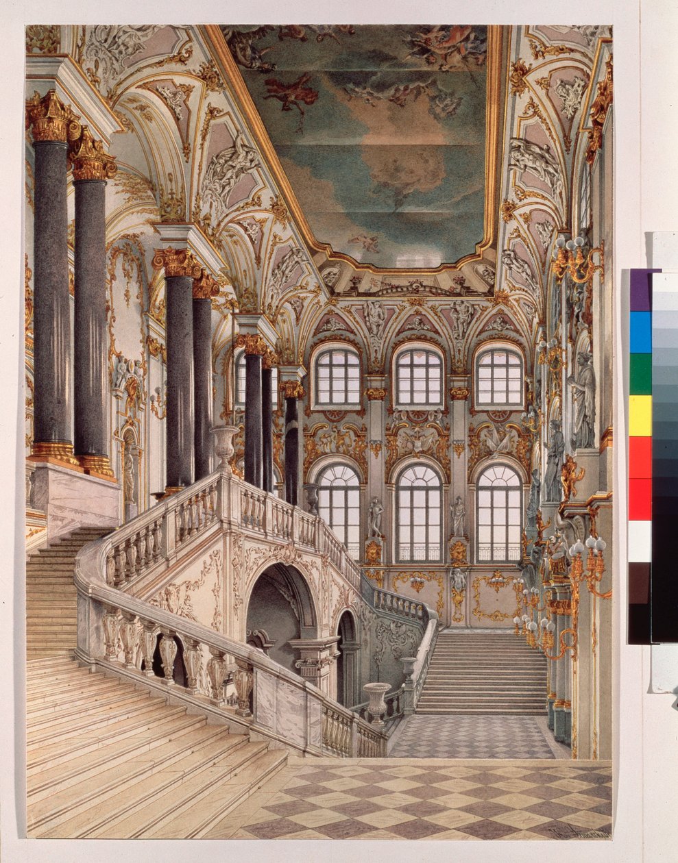 De grote trap van het Winterpaleis in Sint-Petersburg, ook bekend als de ambassadeurstrap of Jordaantrap door Konstantin Andreyevich Ukhtomsky