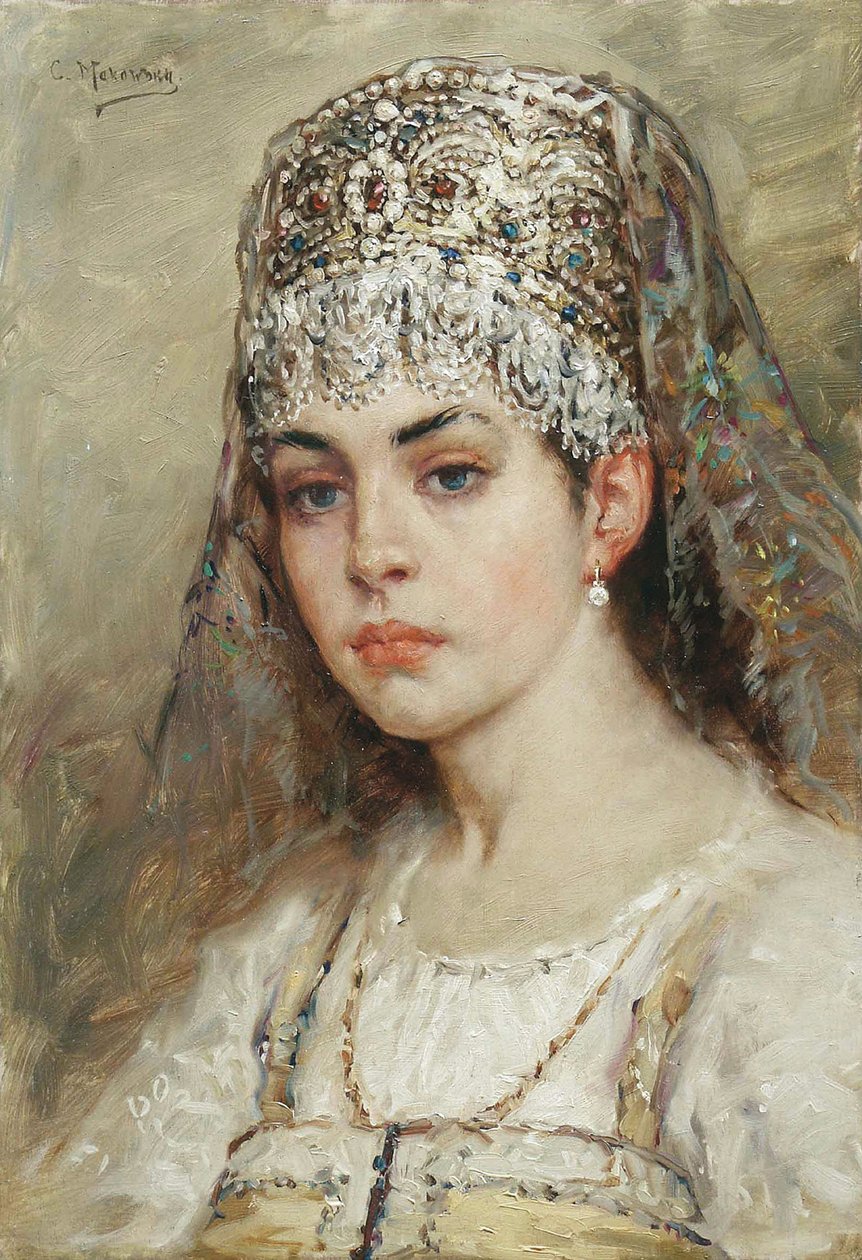 Portret van een bojarenvrouw in traditionele kleding door Konstantin Egorovich Makovsky