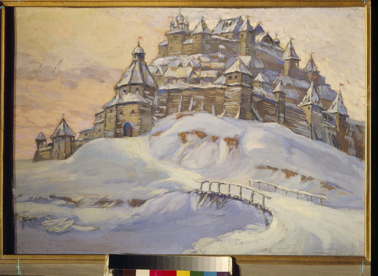 Vesting van het oude Rusland. (Versterkte houten stad, onder de sneeuw in Oekraïne in de Middeleeuwen) door Konstantin Ivanovich Gorbatov