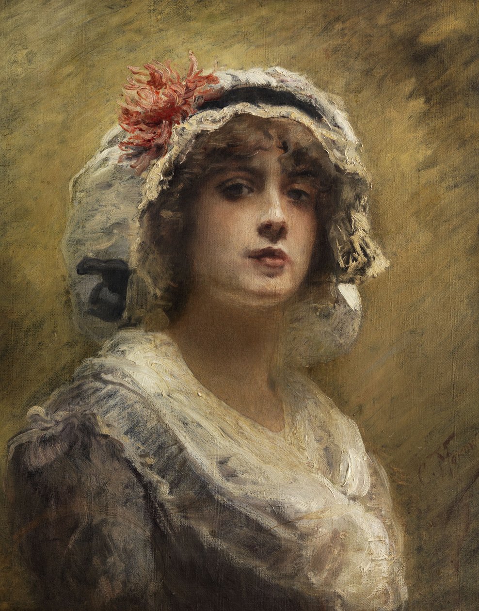 Konstantin Makovsky Portret van een jong meisje met een witte stoffen bonnet door Konstantin Makovsky