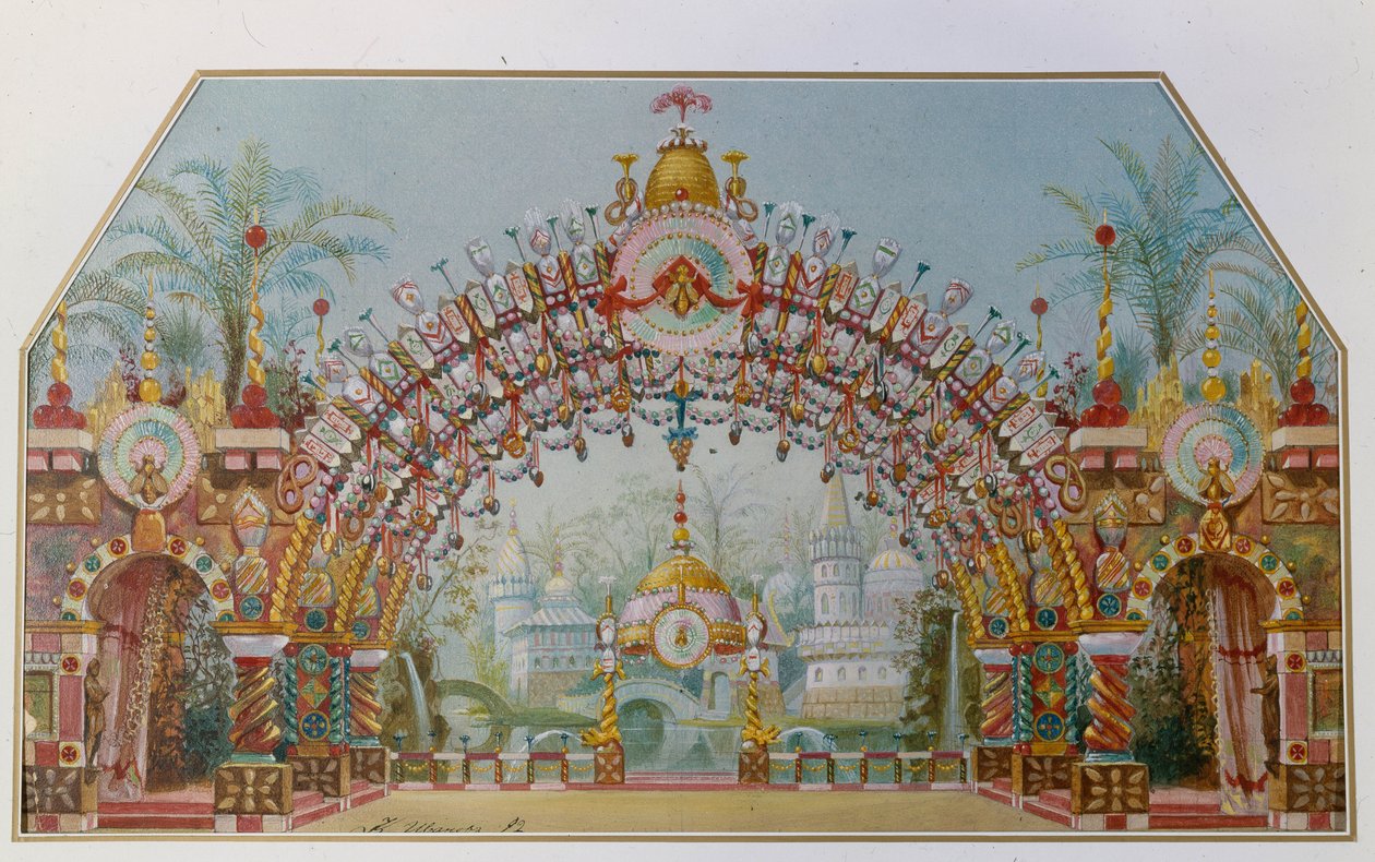 Toneelontwerp voor het ballet De Notenkraker van P. Tsjaikovski door Konstantin Matveevich Ivanov