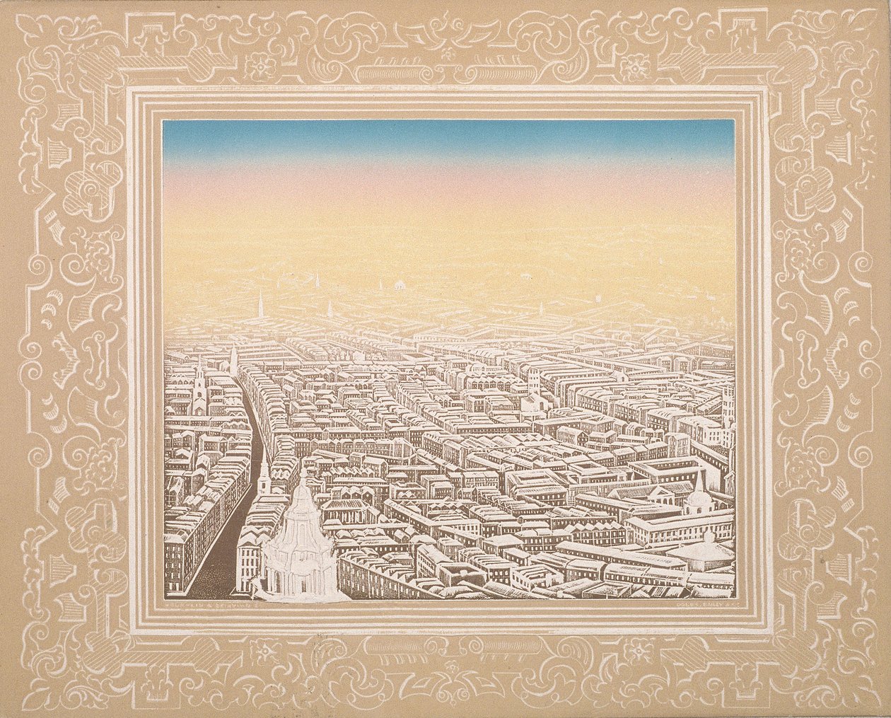 Luchtfoto van Londen ingelijst in een decoratieve rand door Kronheim and Co