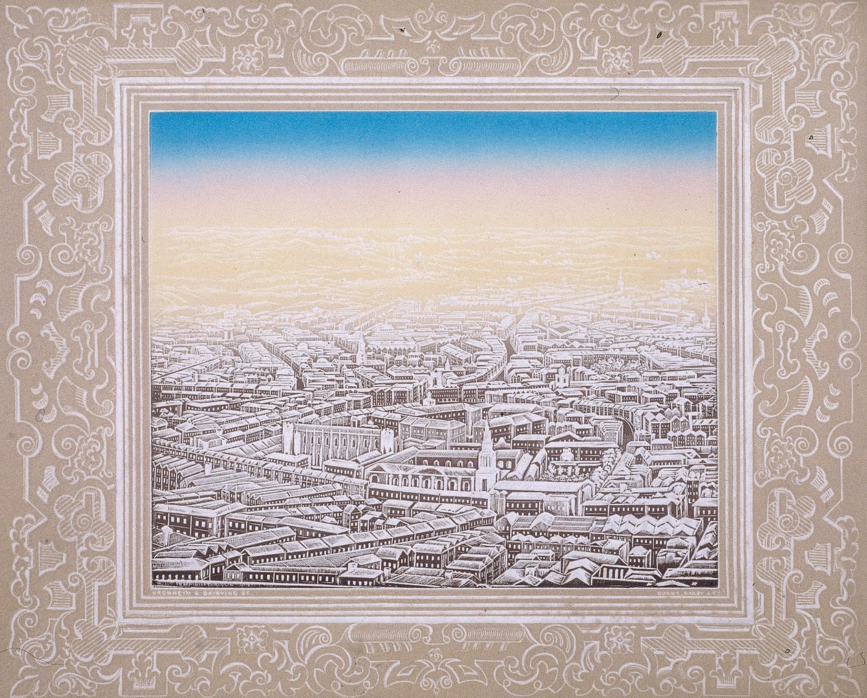 Luchtfoto van Londen met decoratieve rand, ca. 1845 door Kronheim and Co