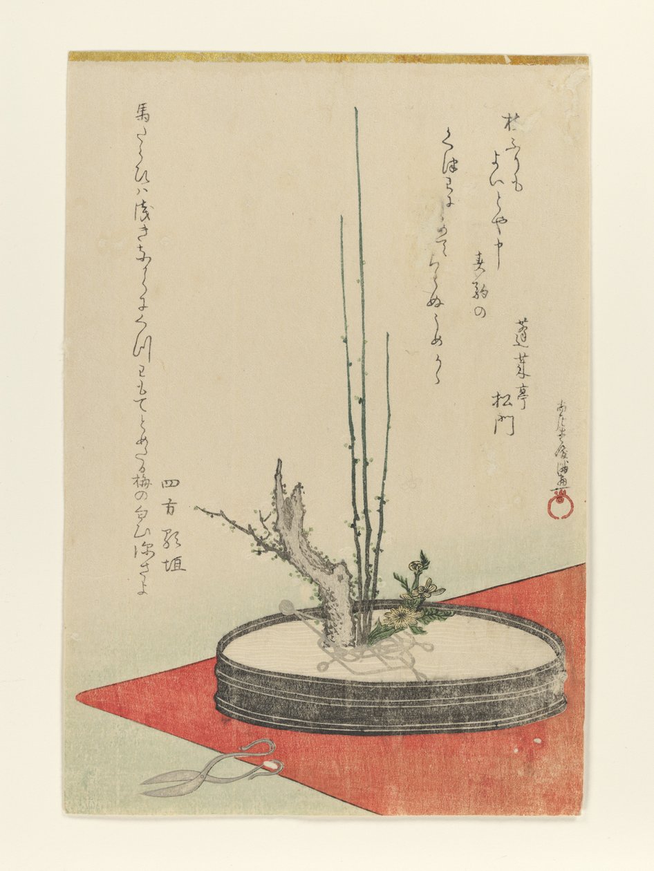 Schikking van pruim, Fukujusō (adonisbloem) en schaar door Kubo Shunman