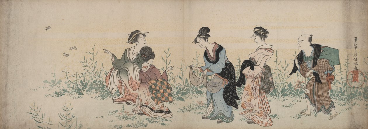 Vier meisjes en een dienaar genieten van wilde bloemen en vlinders door Kubo Shunman