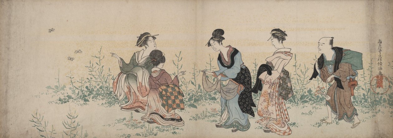 Vier meisjes en een dienstmeisje genieten van wilde bloemen en vlinders door Kubo Shunman