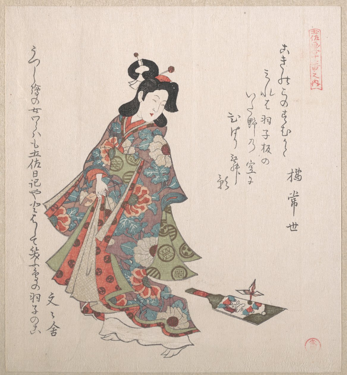 Meisje met een hagoita (Japanse racket- en shuttle-set) door Kubo Shunman