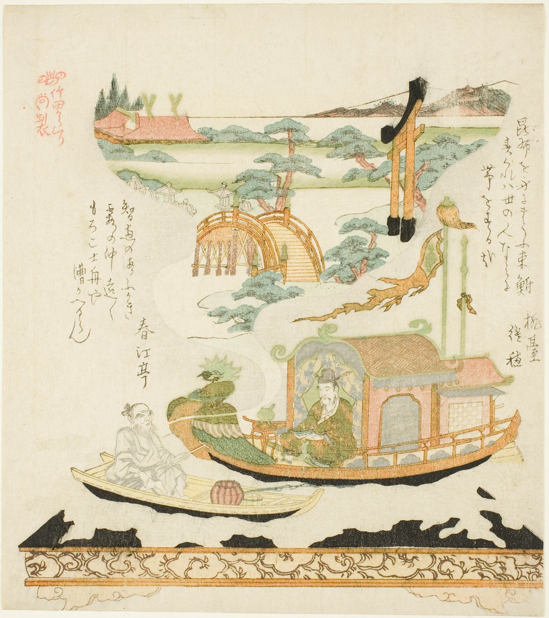 Takeda Mechanisch Apparaat (Takeda karakuri): Haku Rakuten (Chinees: Bai Juyi) en de visser door Kubo Shunman