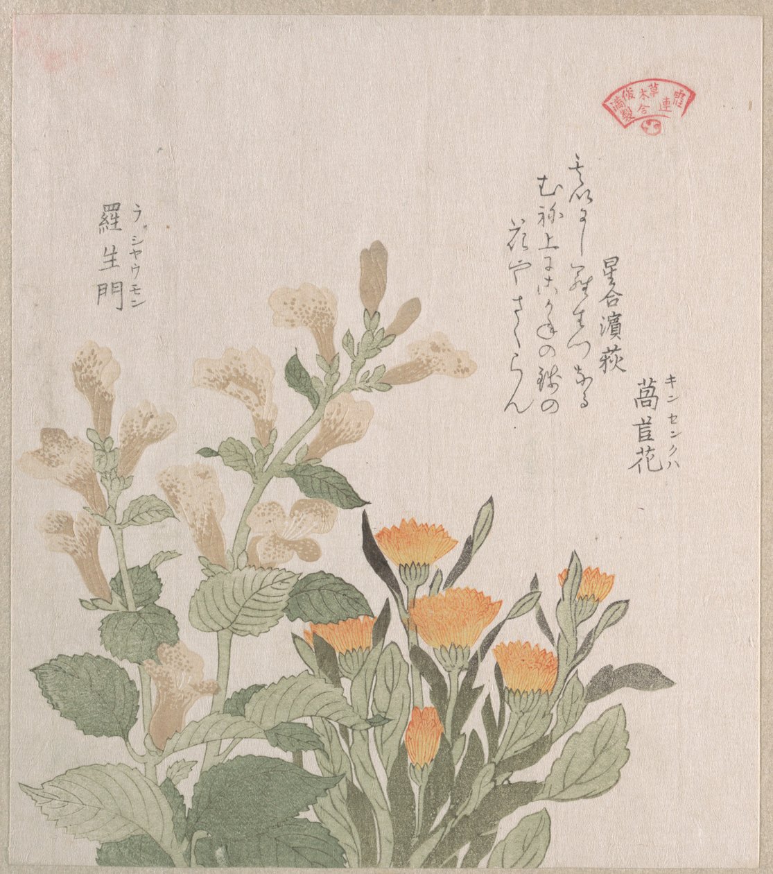 De gewone goudsbloem en de Rajoman-bloemen door Kubo Shunman