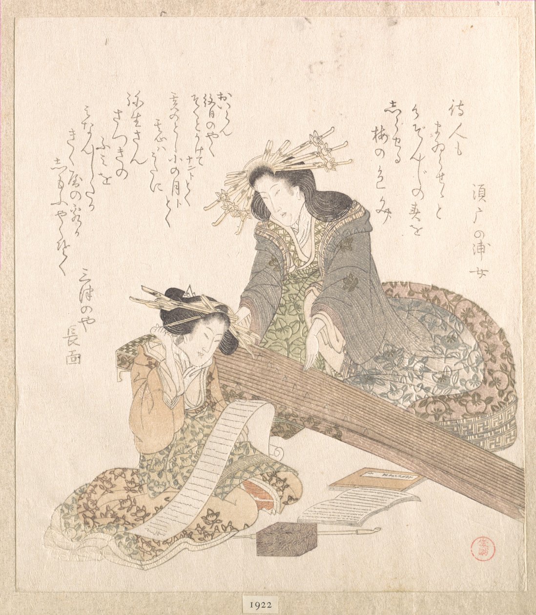 Twee courtisanes: de ene bespeelt een koto (harp) en de andere leest een brief door Kubo Shunman