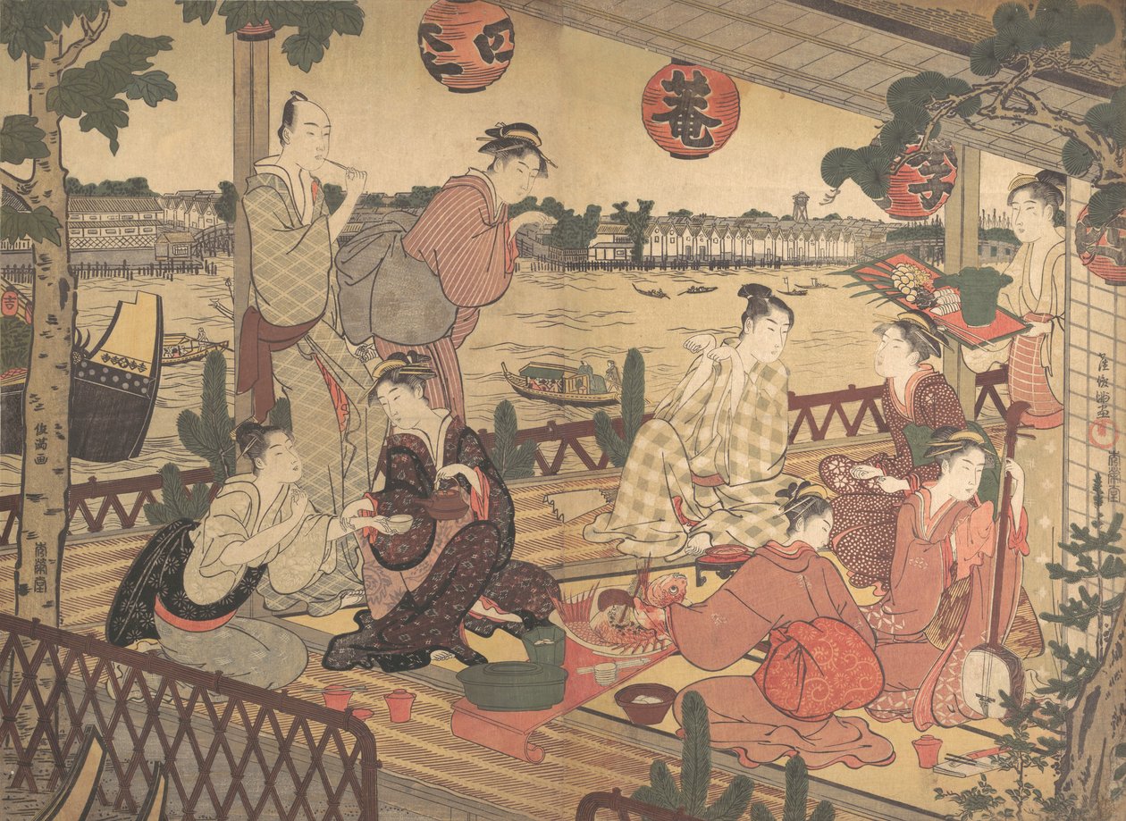Twee jonge mannen en verschillende vrouwen dineren in een theehuis aan de oever van de Sumida-rivier, ca. 1788 door Kubo Shunman