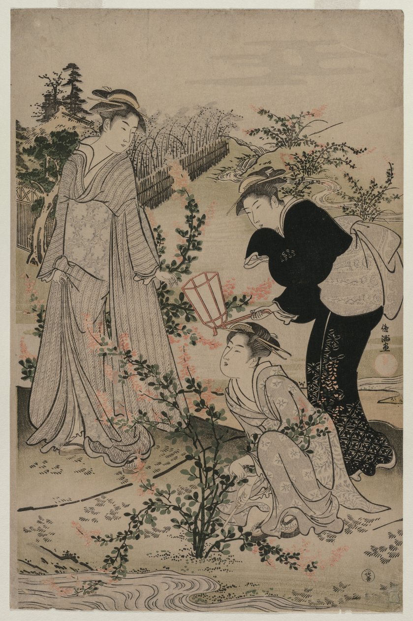 Vrouwen die takken van bush clover snijden, De Noji Tama-rivier in de provincie Omi, late jaren 1780 door Kubo Shunman