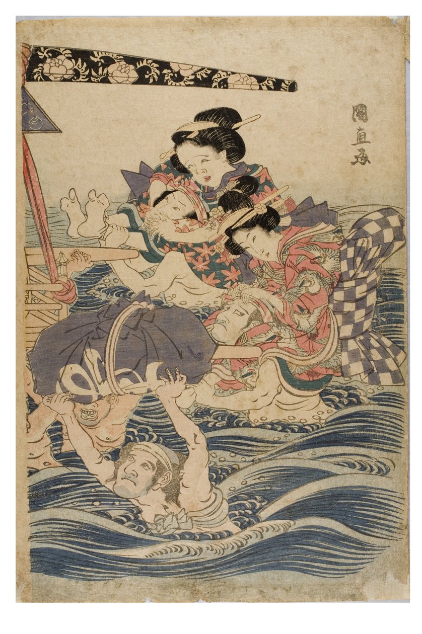 Lentescène van jonge vrouwen op reis, ca. 1786-1864 door Kuninaga Utagawa