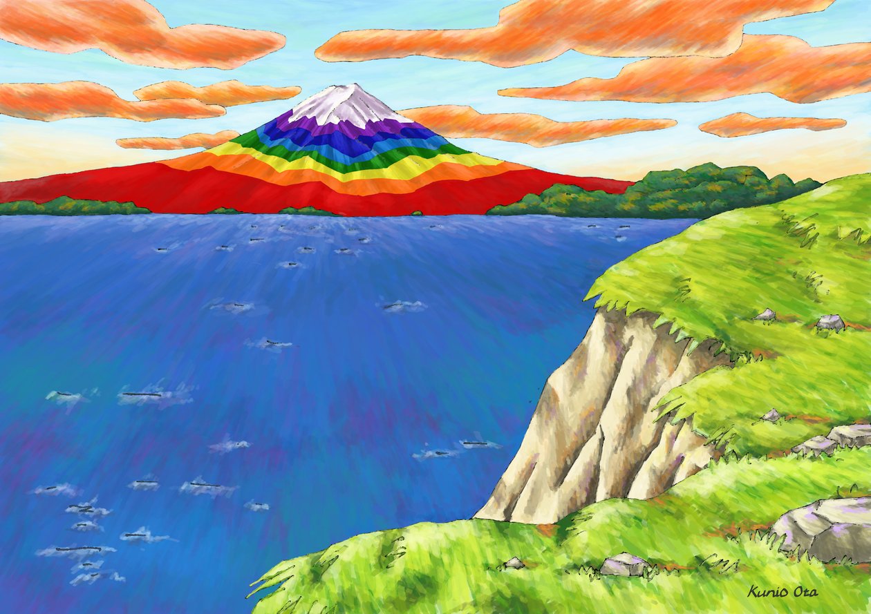 Regenboogkleurige Mt. Fuji boven de Klif door Kunio Ota