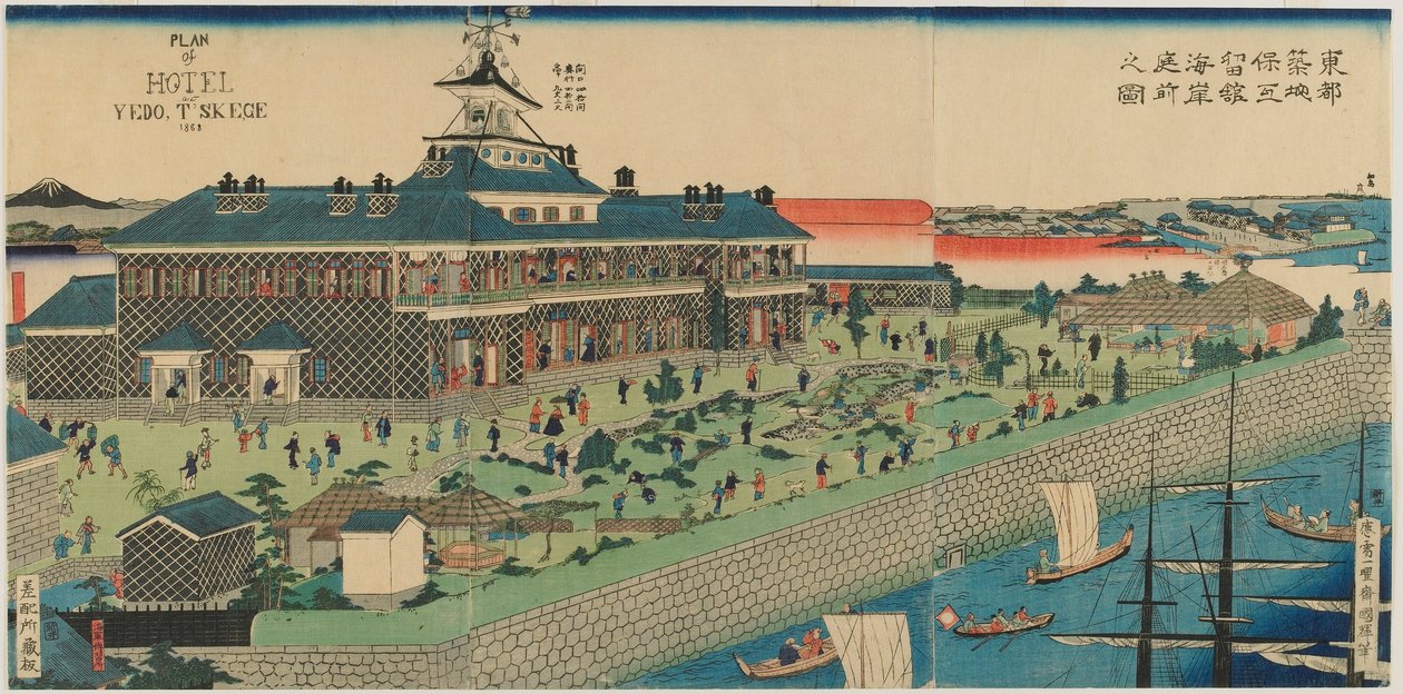 De Strandtuin van het Tsukiji Hotel in de Oostelijke Hoofdstad, Meiji-periode, 1868 door Kuniteru II Utagawa