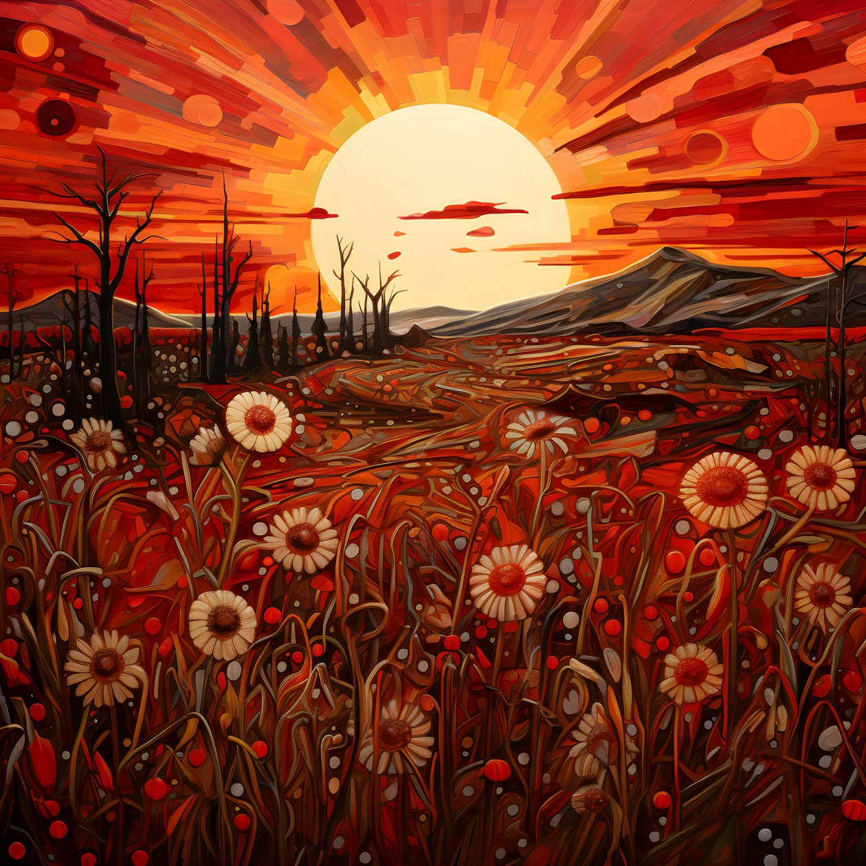 Abstract landschap met een veld wilde bloemen en een gedurfde rode zon 3 door Kurt Heppke