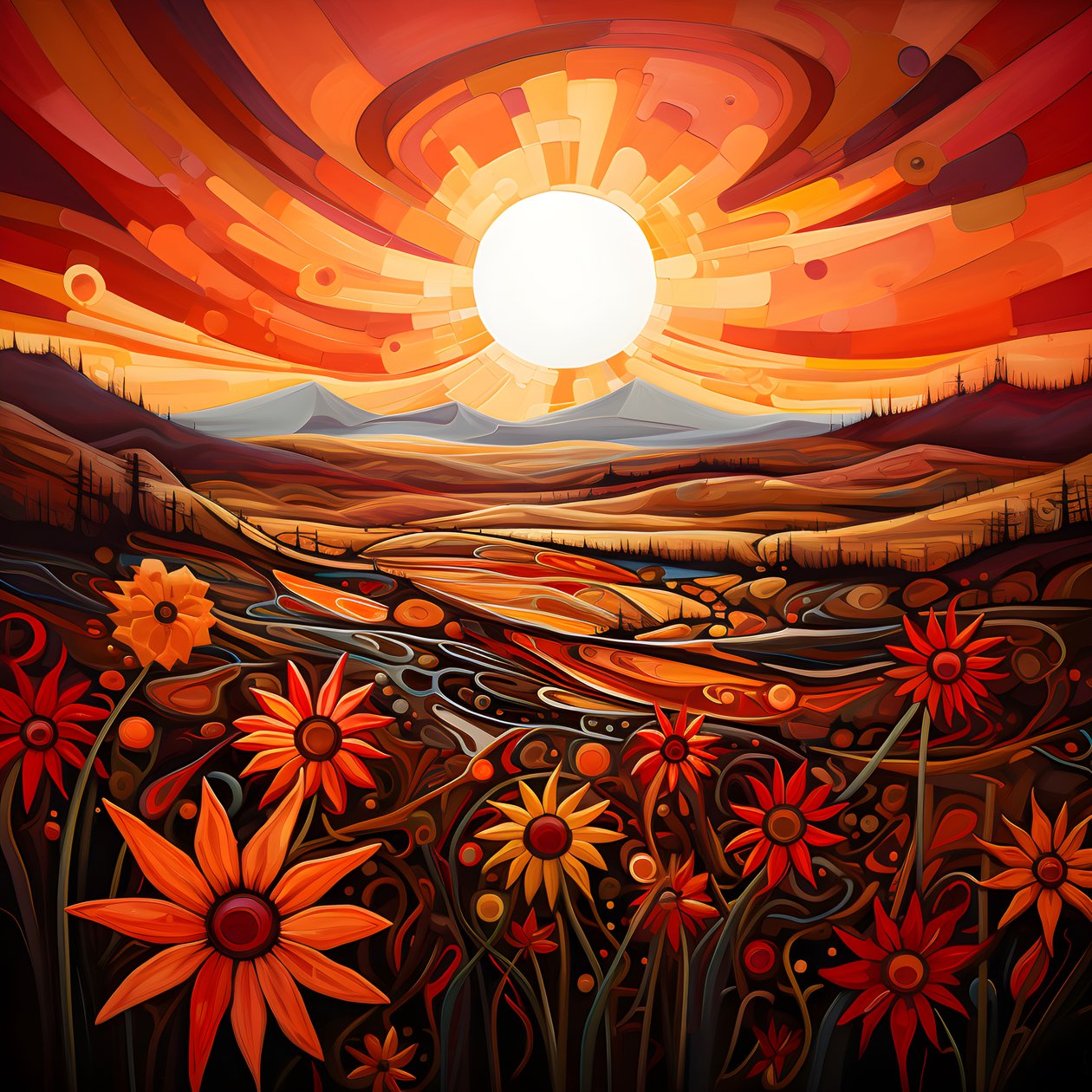 Abstract landschap met een veld wilde bloemen en een gedurfde rode zon 4 door Kurt Heppke
