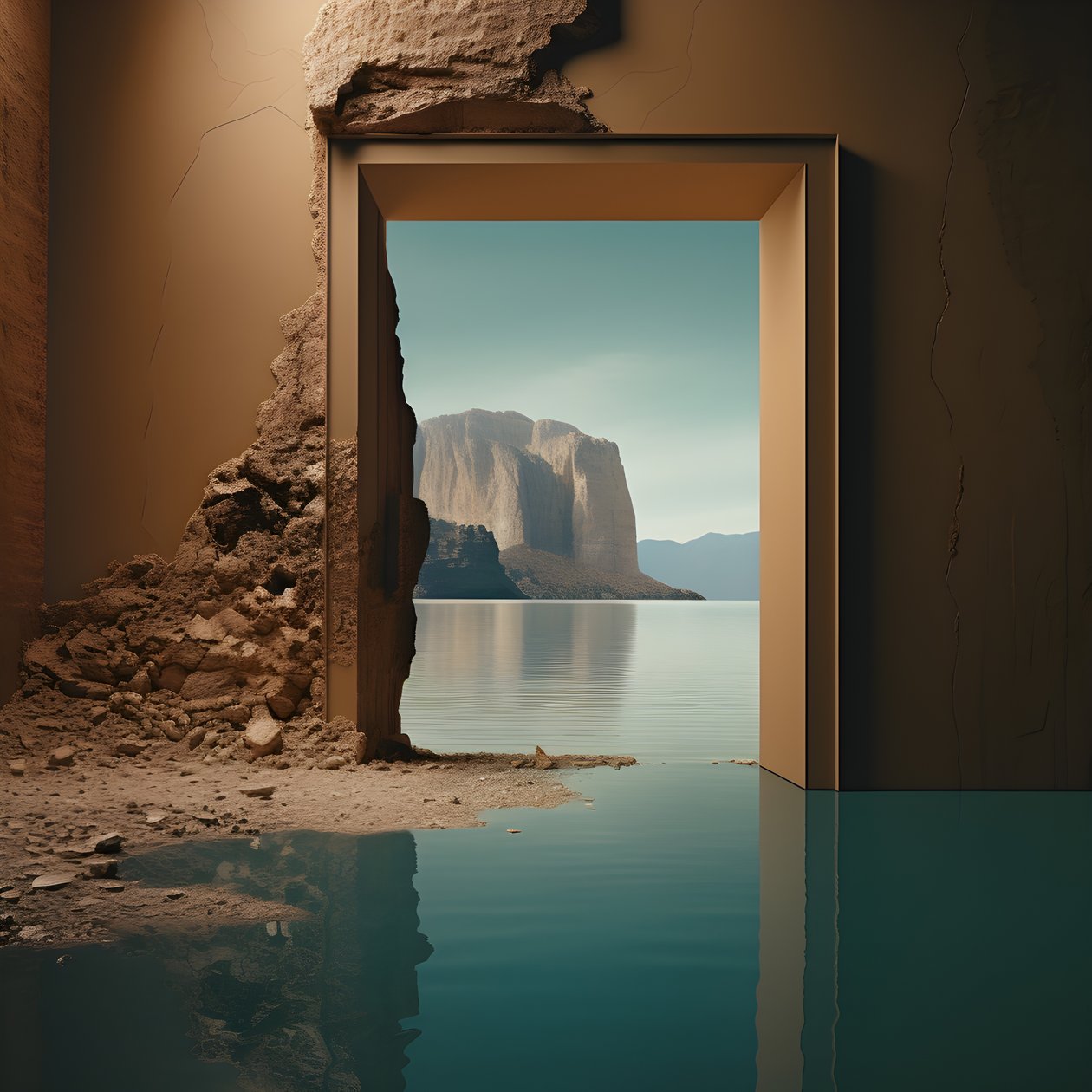 een afbeelding van een ongebruikte kamer met een enorm meer en woestijn in een grote kuil futurecore, hoog contrast chiaroscuro warme tinten 3 door Kurt Heppke
