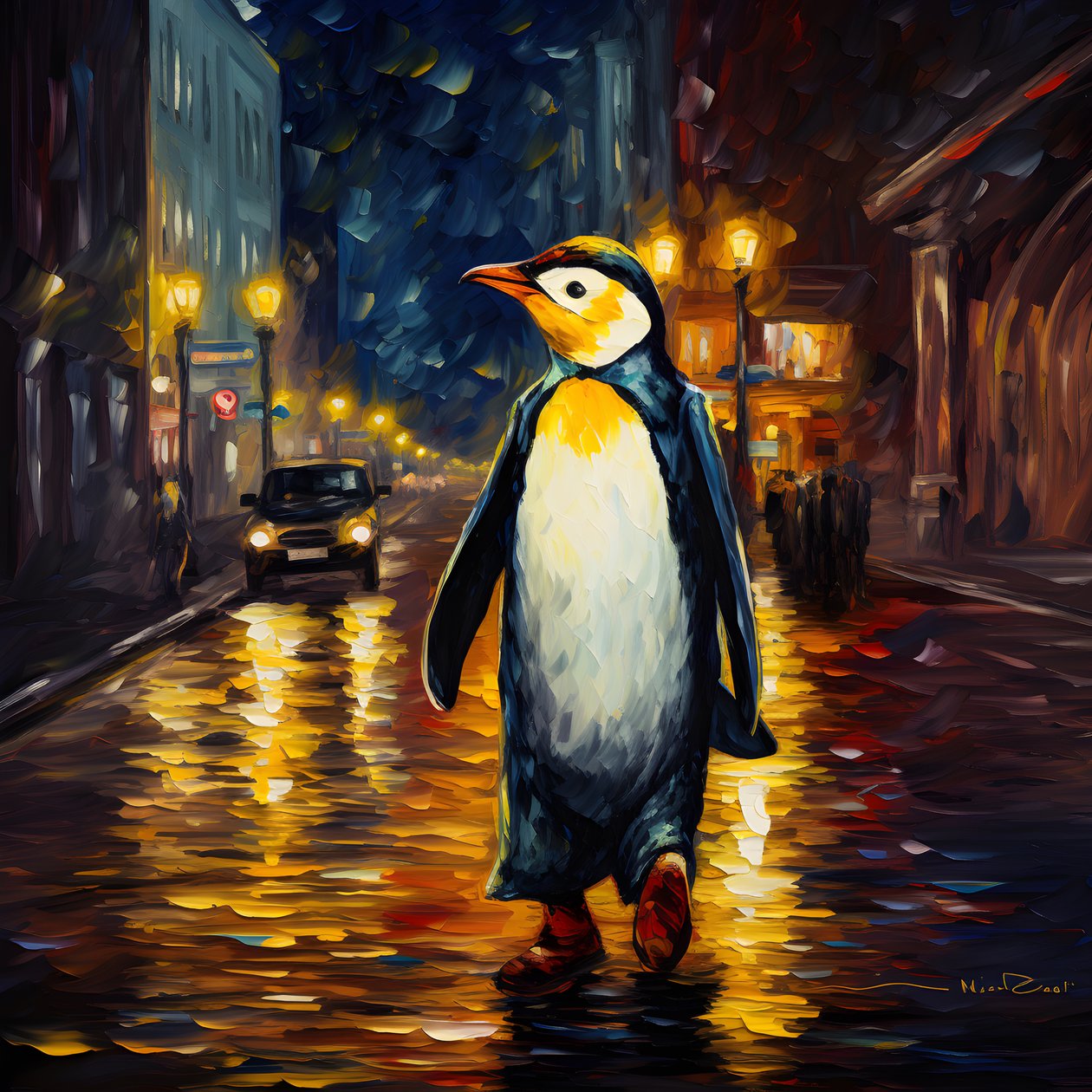 een pinguïn in een pak loopt over straat door Kurt Heppke