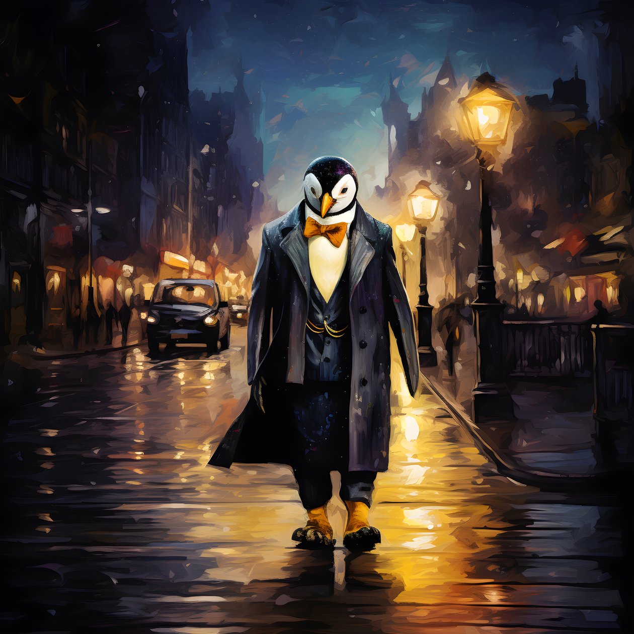 een pinguïn in een pak loopt over straat door Kurt Heppke