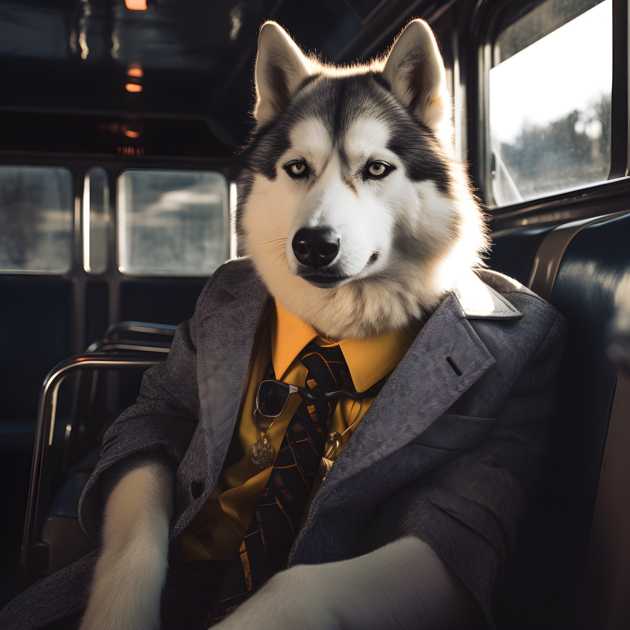 Een Siberische Husky hond in pak en met zonnebril bij het busstation, als een heer door Kurt Heppke
