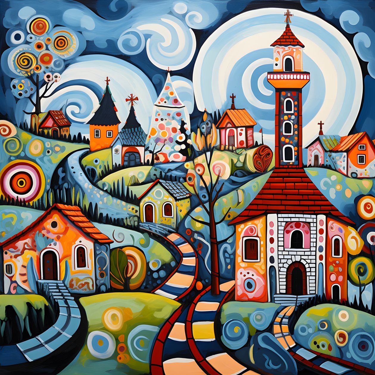 Schilderij van een Bulgaars dorp, orthodoxe kerk 1 door Kurt Heppke