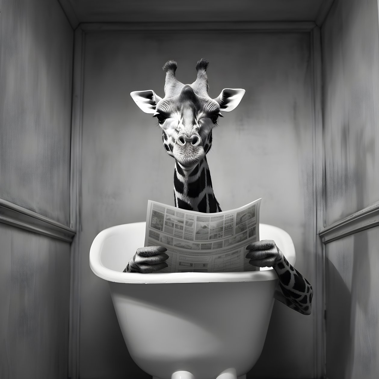 Gelukkige giraffe zit op toilet met krant 1 door Kurt Heppke