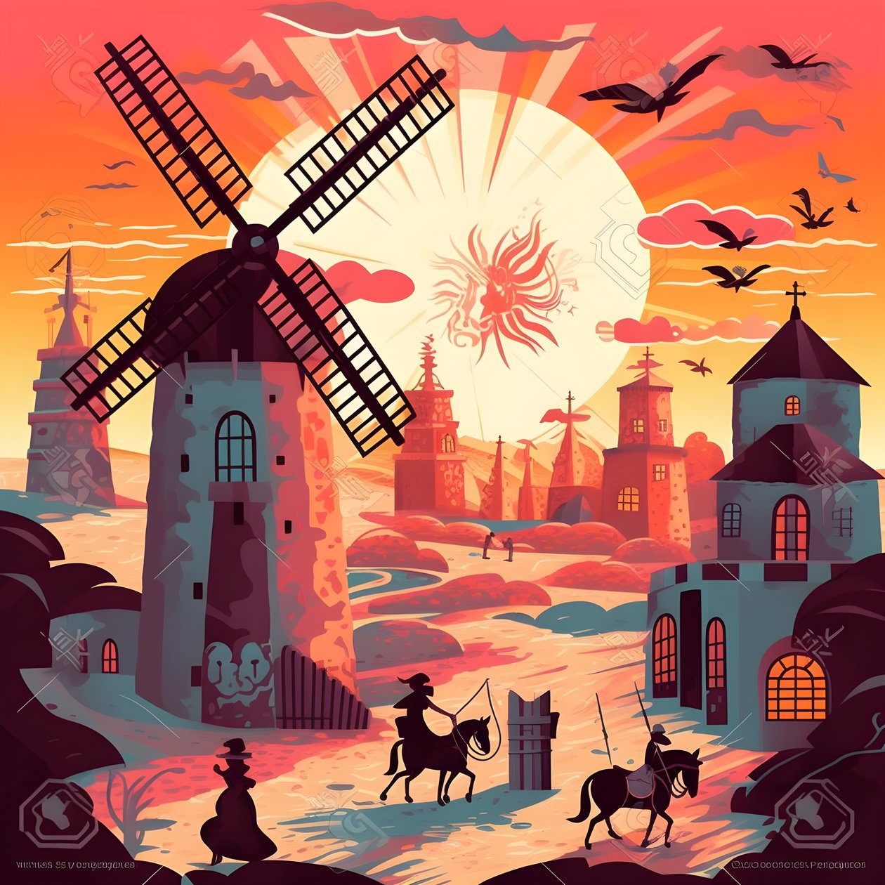 Don Quijote op zijn ezel voor windmolens 2 door Kurt Heppke
