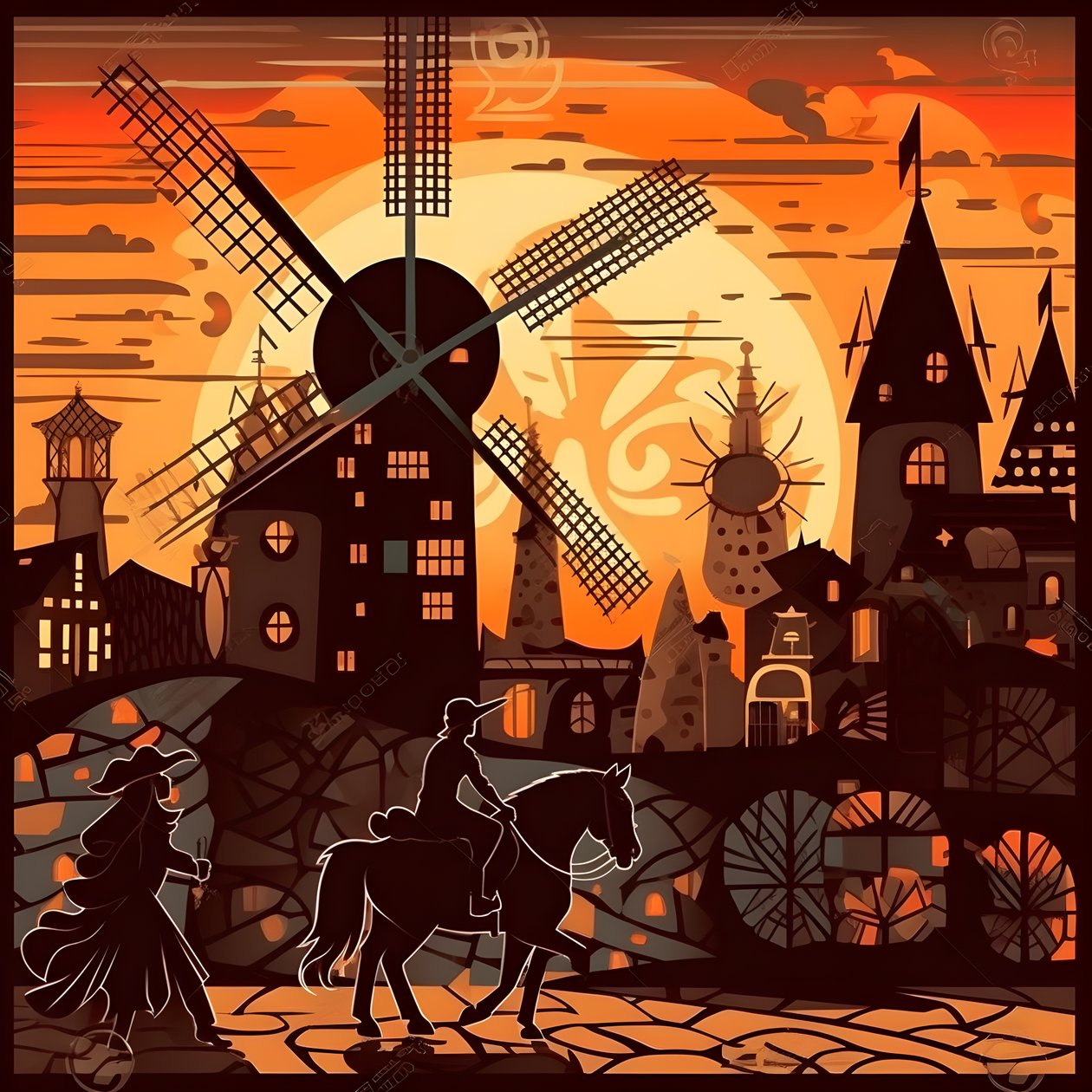 Don Quijote op zijn ezel voor windmolens 4 door Kurt Heppke