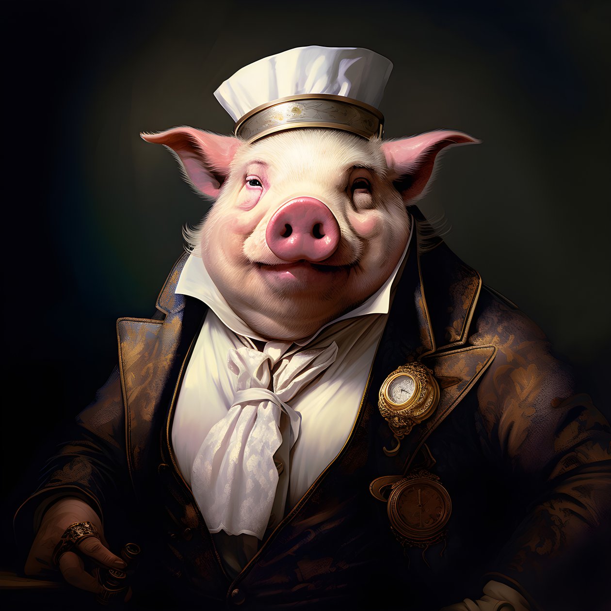 Koude en heerszuchtige antropomorfe varkensplantage-eigenaar, priemende ogen, dikke mollige lichaam, sigaar in de hand, exquise chique zuidelijke witte pak en vest, zakhorloge aan een ketting, monocle, witte vilthoed, close-up 1 door Kurt Heppke