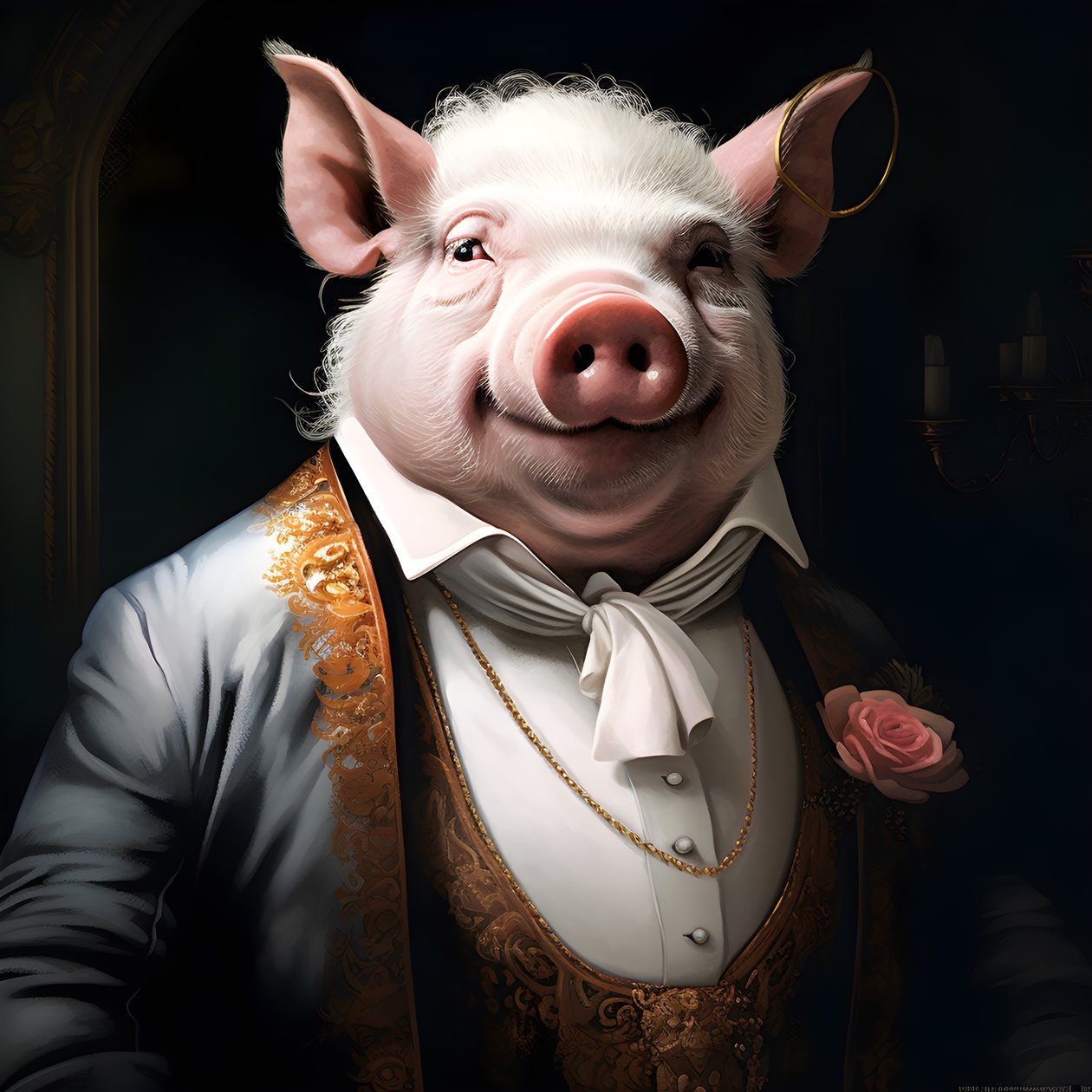 Koude en heerszuchtige antropomorfe varkensplantage-eigenaar, priemende ogen, dikke mollige lichaam, sigaar in de hand, exquise chique zuidelijke witte pak en vest, zakhorloge aan een ketting, monocle, witte vilthoed, close-up 2 door Kurt Heppke