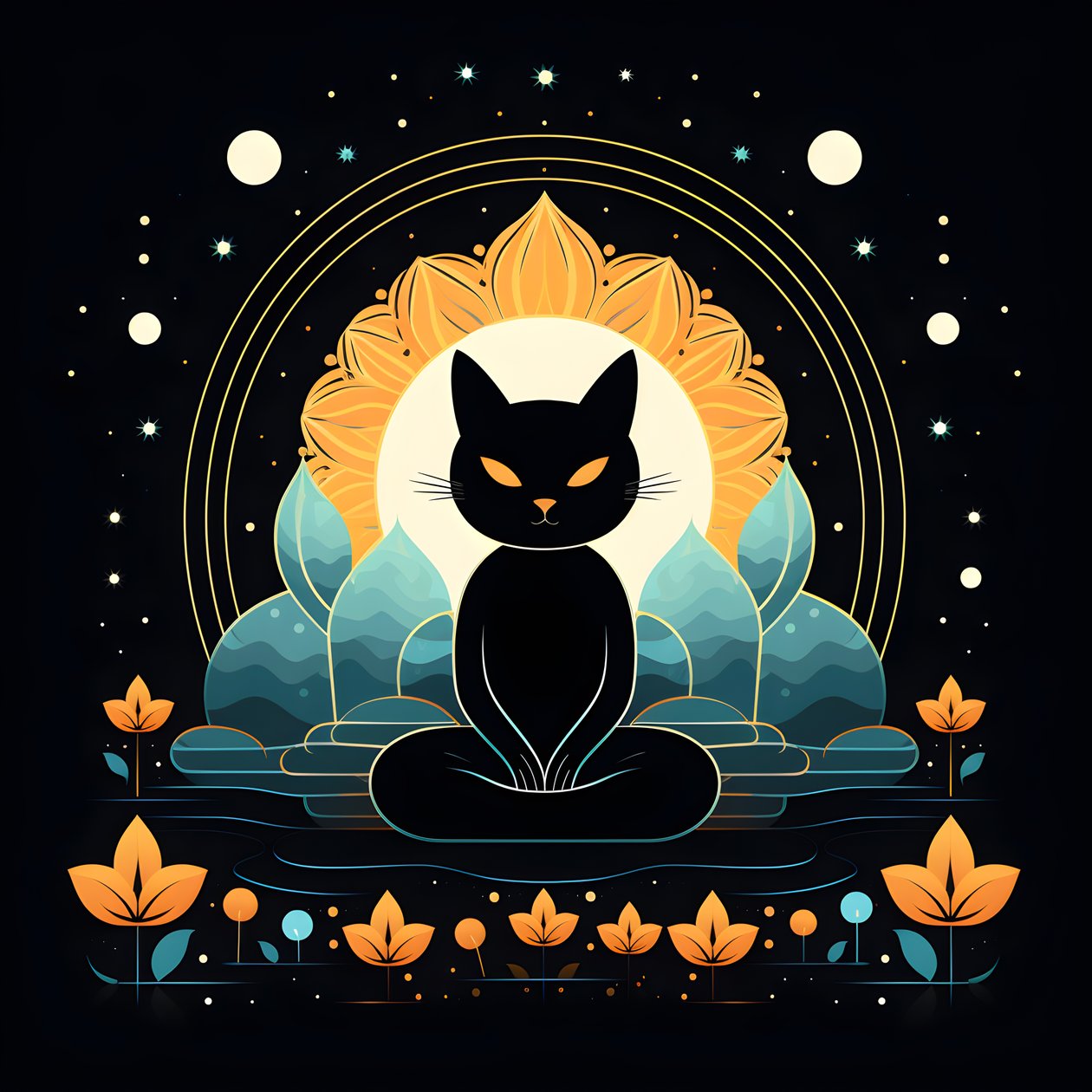 Kat in meditatie zittend op een lotus bloem 3 door Kurt Heppke