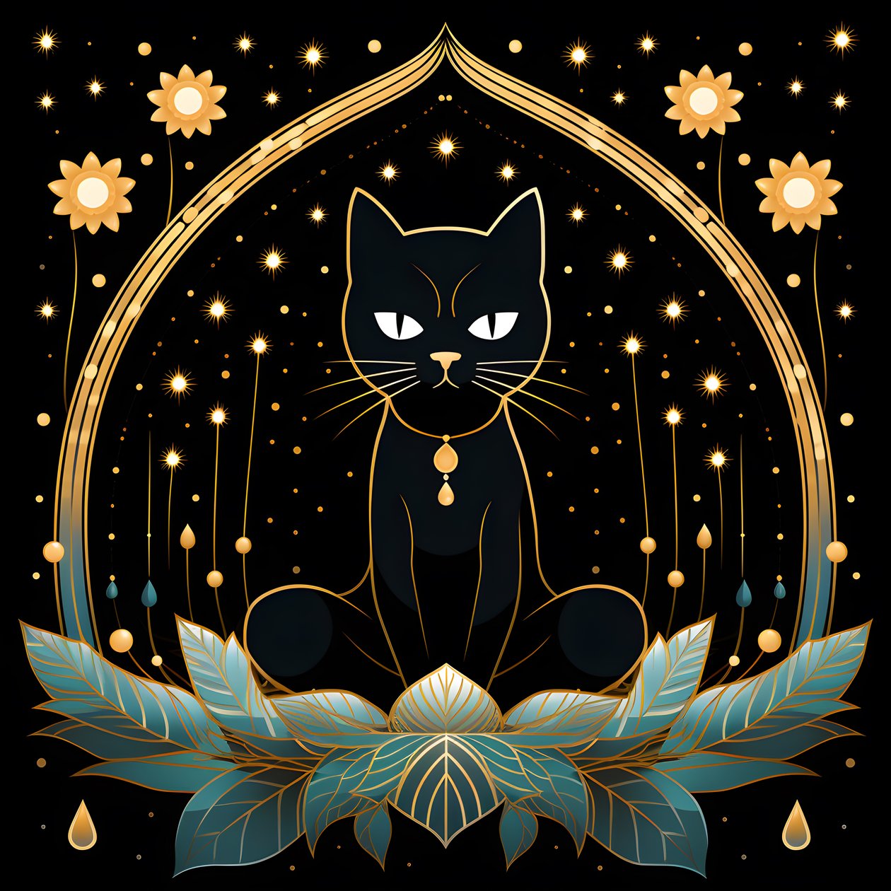 Kat in meditatie zittend op een lotus bloem 4 door Kurt Heppke