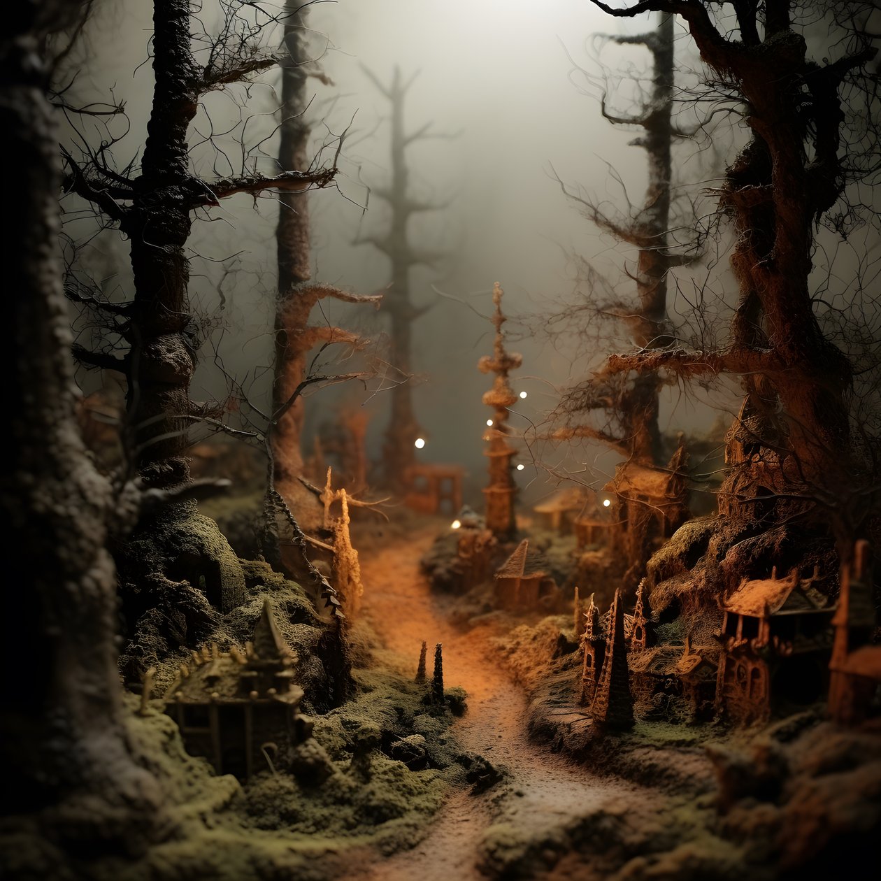 Miniatuur Tilt-Shift Halloween Bos met mistige bomen en een spookachtige sfeer door Kurt Heppke