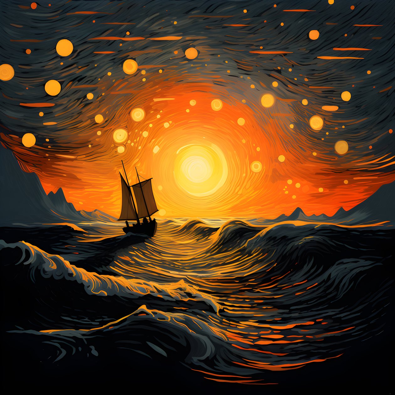zonsondergang, oranje-gele zon, wolken, vijf roterende cirkels van wolken in een grote hemel, puntvormige golven en oranje-gele zonsondergangwolken die zich op de golven spiegelen, een boot vaart de zee op 1 door Kurt Heppke