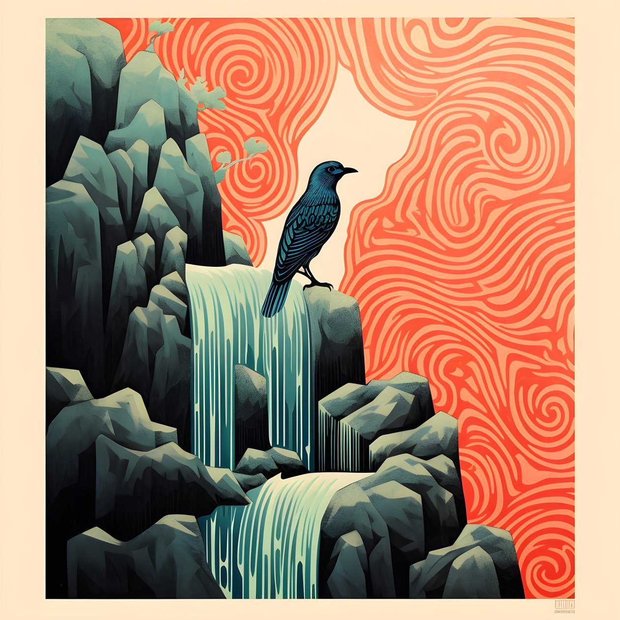 Ultra-minimalistische illustratie van een kleurrijke tropische vogel die op een vertakte plant zit voor een bergbeek met een mooie waterval 3 door Kurt Heppke