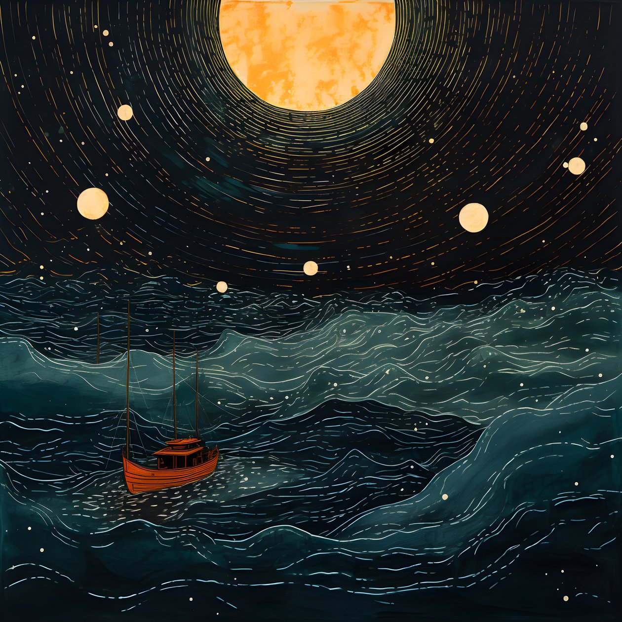 Twee boten gleden geluidloos door inktzwart water naar de kolkende Charybdis, de volle maan was het enige licht in de lege wereld van de Noordzee. 2 door Kurt Heppke