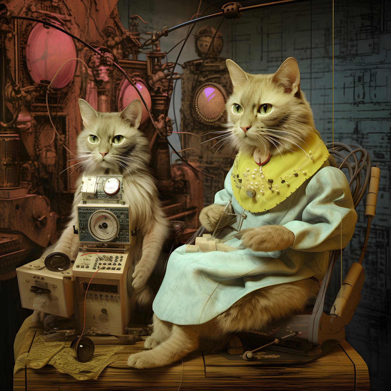 Twee antropomorfe katten, kater en kat, Kubrickian Synthetic 2 door Kurt Heppke