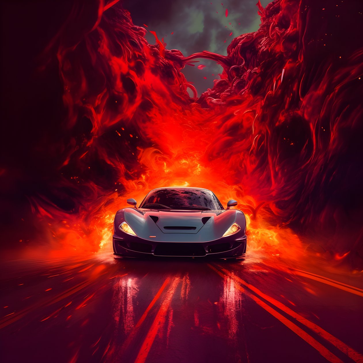 een luxe auto rijdt over een pad met gloeiend rood op de achtergrond 2 door Kurt Heppke