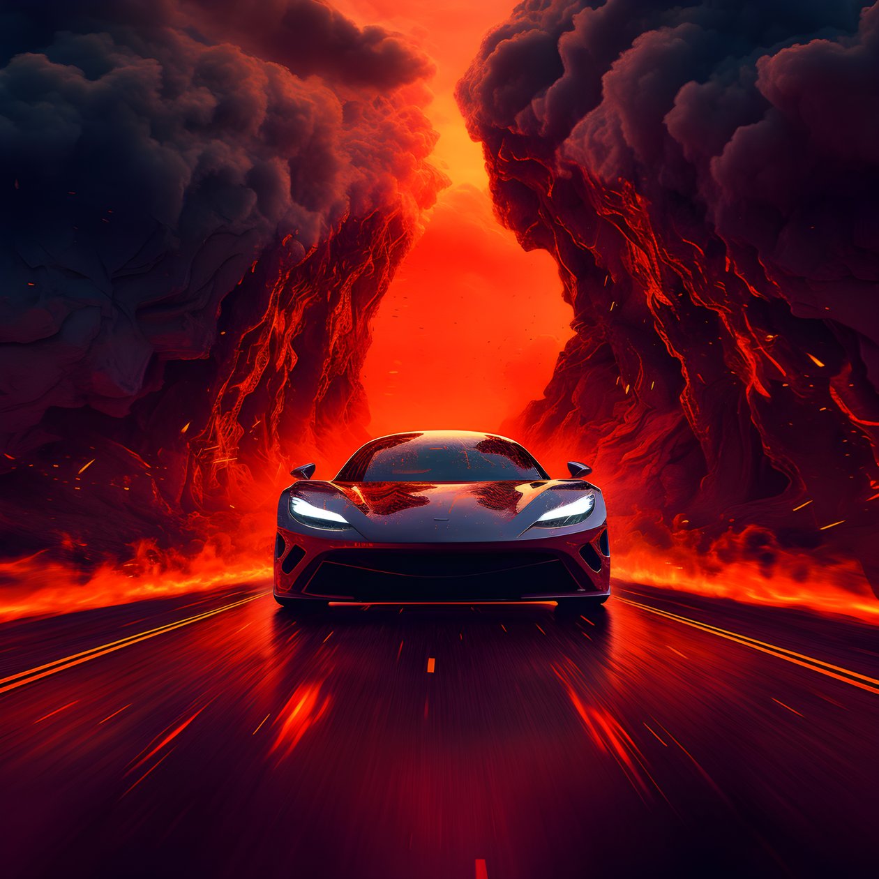 een luxe auto rijdt over een pad met gloeiend rood op de achtergrond 4 door Kurt Heppke
