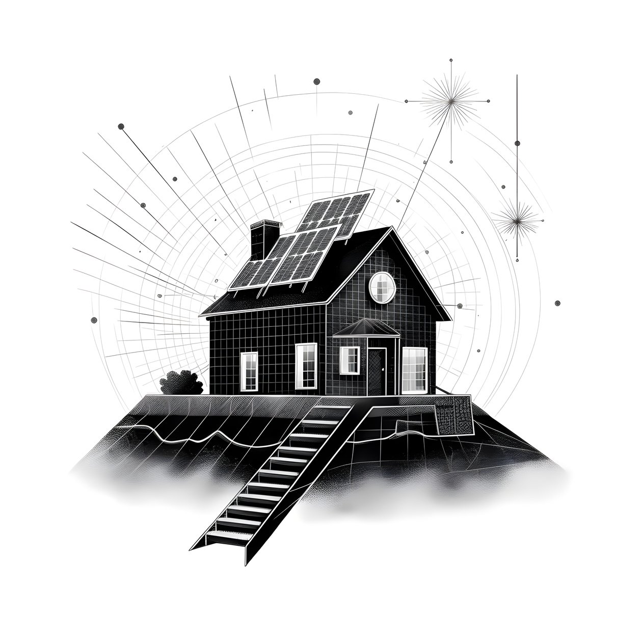 illustratie van een huis met zonnepanelen en een grote pijl erachter die naar rechts en omhoog wijst door Kurt Heppke