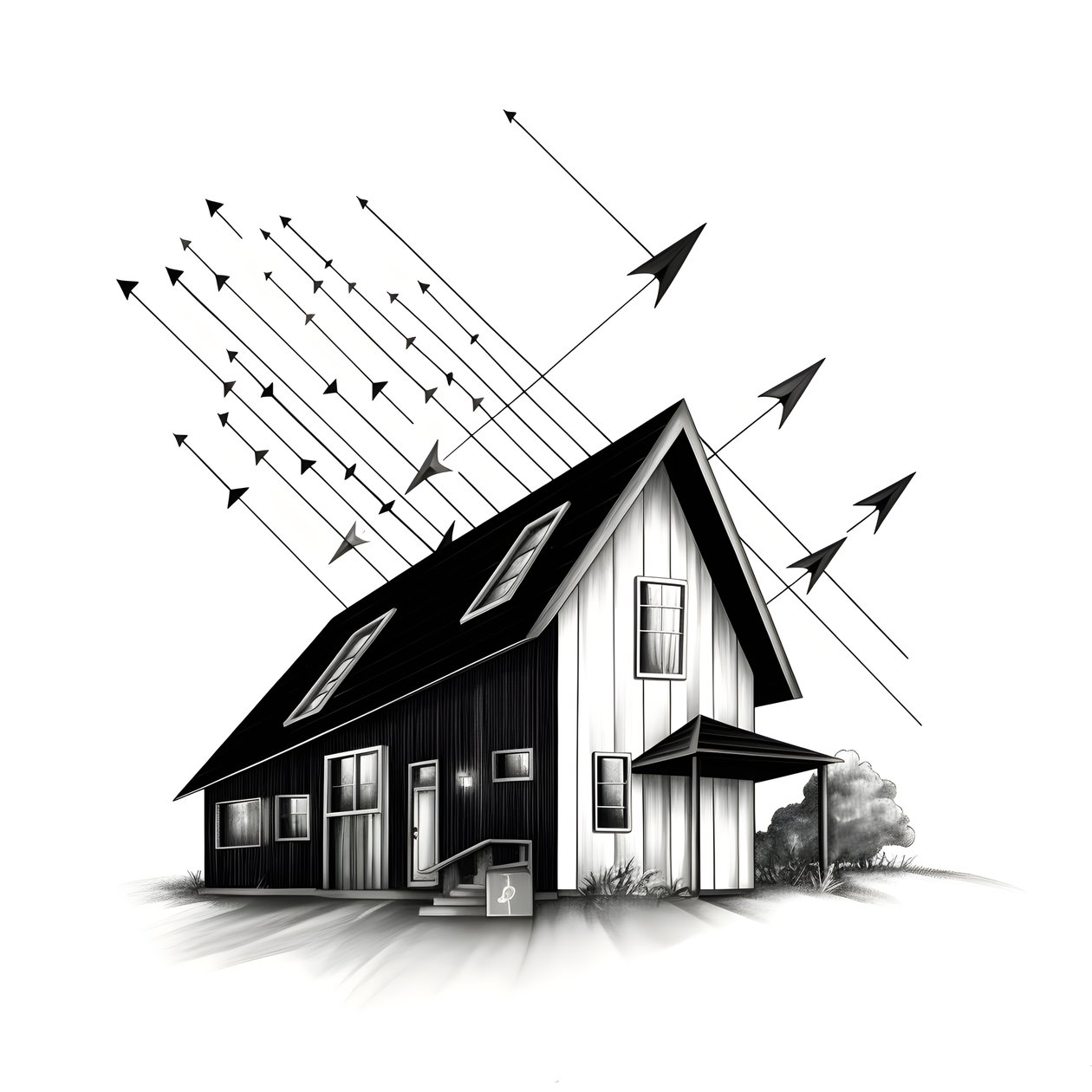 illustratie van een huis met zonnepanelen en een grote pijl erachter die naar rechts en omhoog wijst door Kurt Heppke