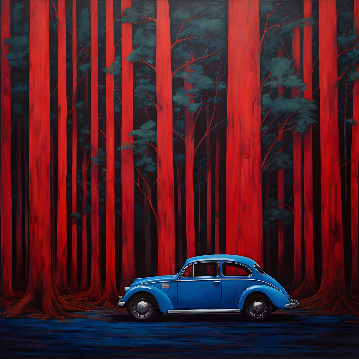 blauwe auto in een rood bos door Kurt Heppke