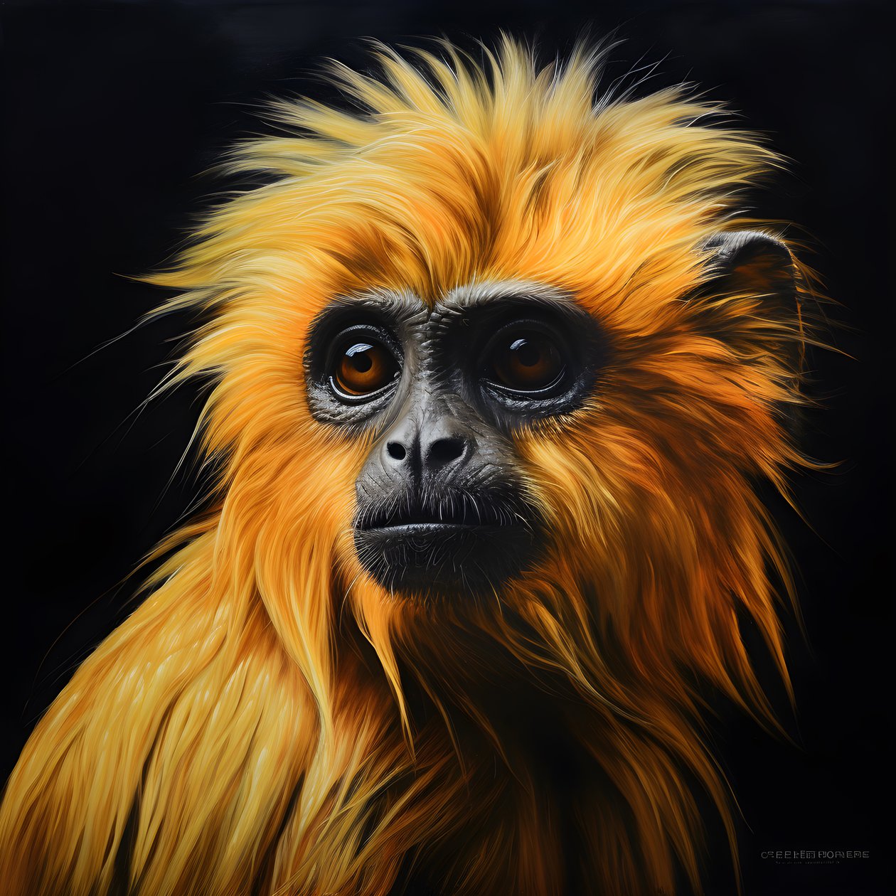 Een schilderij van het gezicht van een gouden langoer met zwarte achtergrond 4 door Kurt Heppke