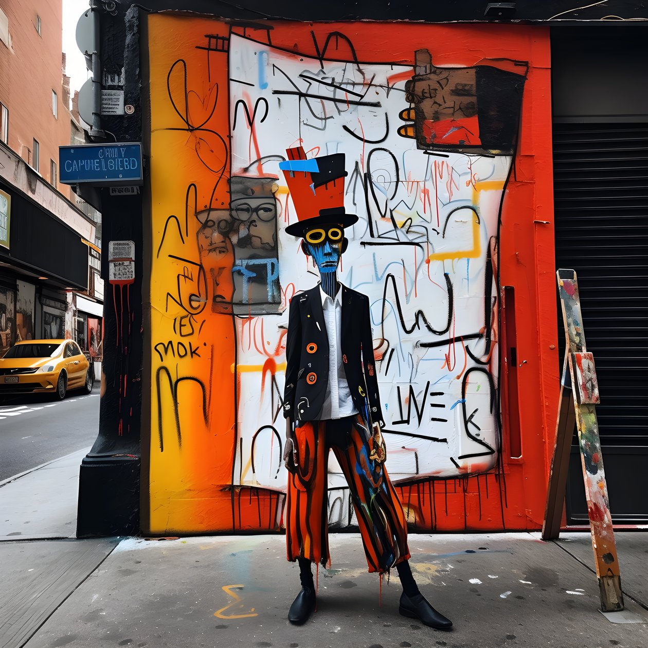 Een geschilderd figuur komt tot leven terwijl het door een straat in New York loopt, surrealistische foto door Kurt Heppke