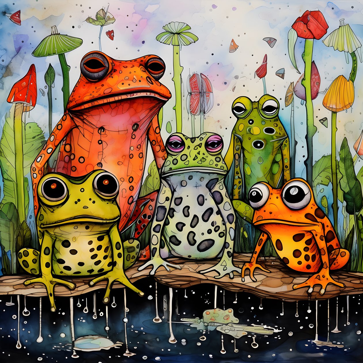 Volledige aquarel- en inkttekening van kikkers 2 door Kurt Heppke