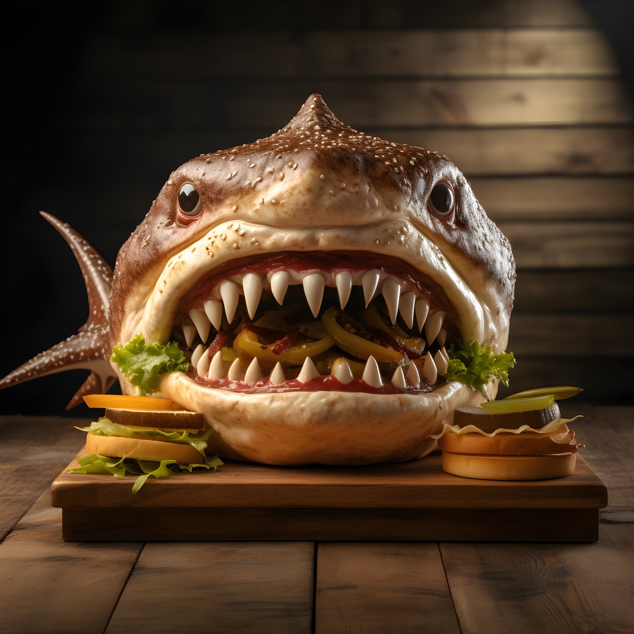 Grote haai-kop cheeseburger met rundvlees op houten bord 2 door Kurt Heppke
