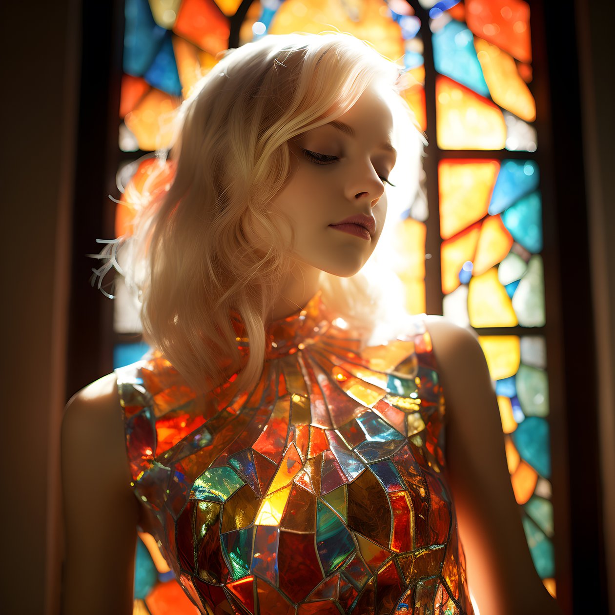 mooi blond meisje van 14 jaar draagt een kleurrijke tiffany-glas-in-lood jurk door Kurt Heppke