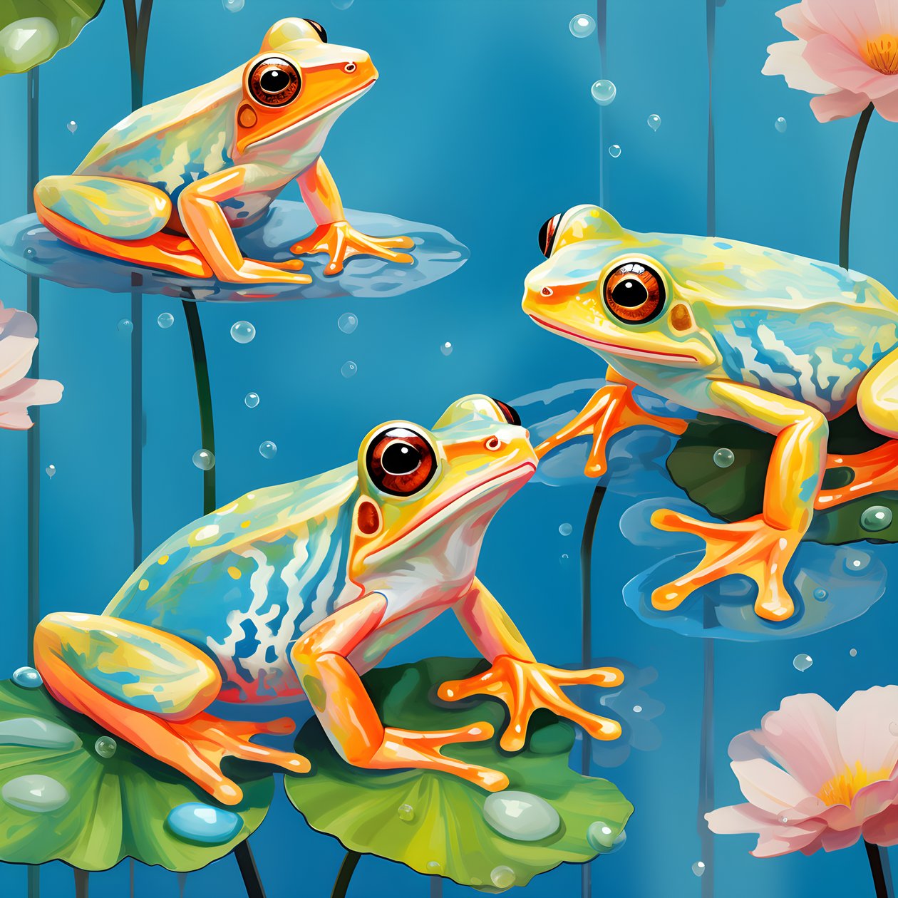 Naadloos patroon van een schilderij van mooie oranje en gele cartoonkikkers zittend op de leliebladeren op het water regen uit aquarel 2 door Kurt Heppke